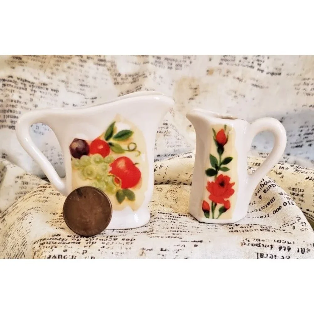 Artsy, Colorful - 2 White Vintage Miniature Pitchers w/ Fruit and Floral Details